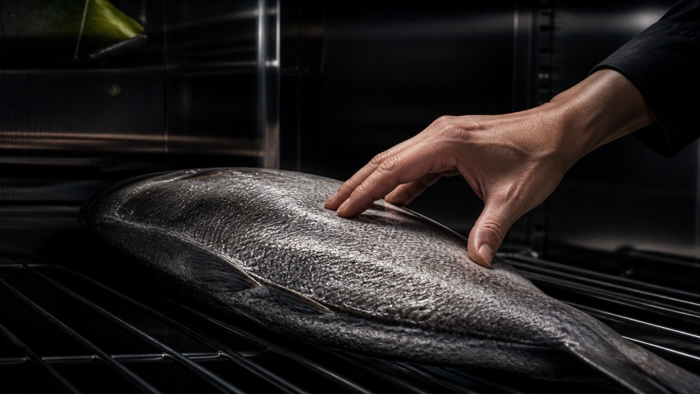Editorial preview of dry-aged fish in a controlled aging cabinet